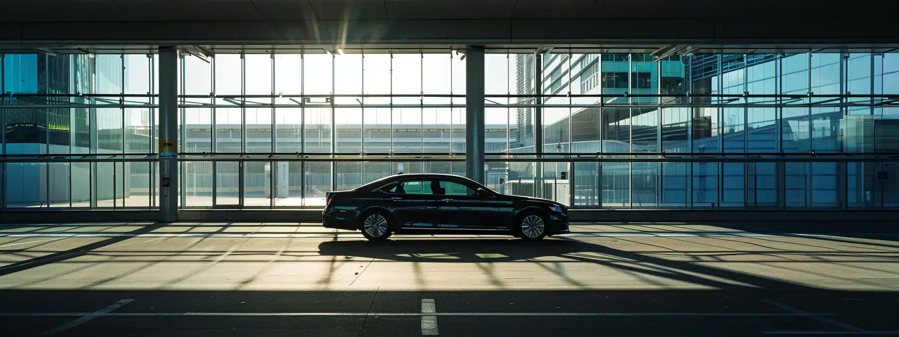 a sleek corporate car awaits at sydney airport terminal under bright, inviting sunlight, symbolizing efficiency and seamless travel for business travelers.