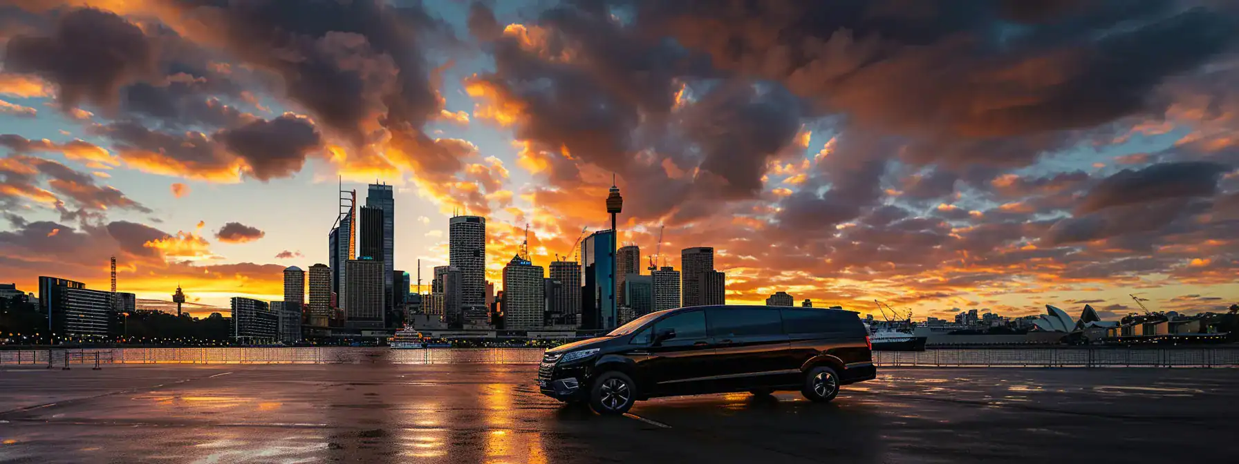 a sleek corporate vehicle poised at a bustling sydney airport, reflecting the vibrant city skyline, symbolizes the seamless efficiency and high satisfaction of professional airport transfer services enhancing business operations.