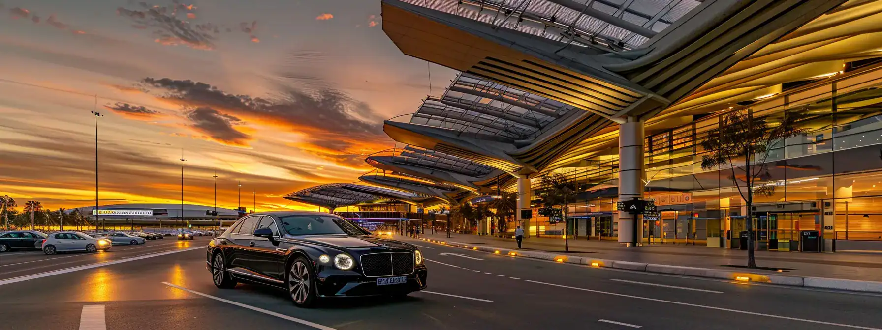 a sleek, elegant black luxury car awaits at the bustling sydney airport arrival terminal, illuminated by the warm glow of sunset, creating a striking contrast against the modern architecture and the vibrant atmosphere of travelers.