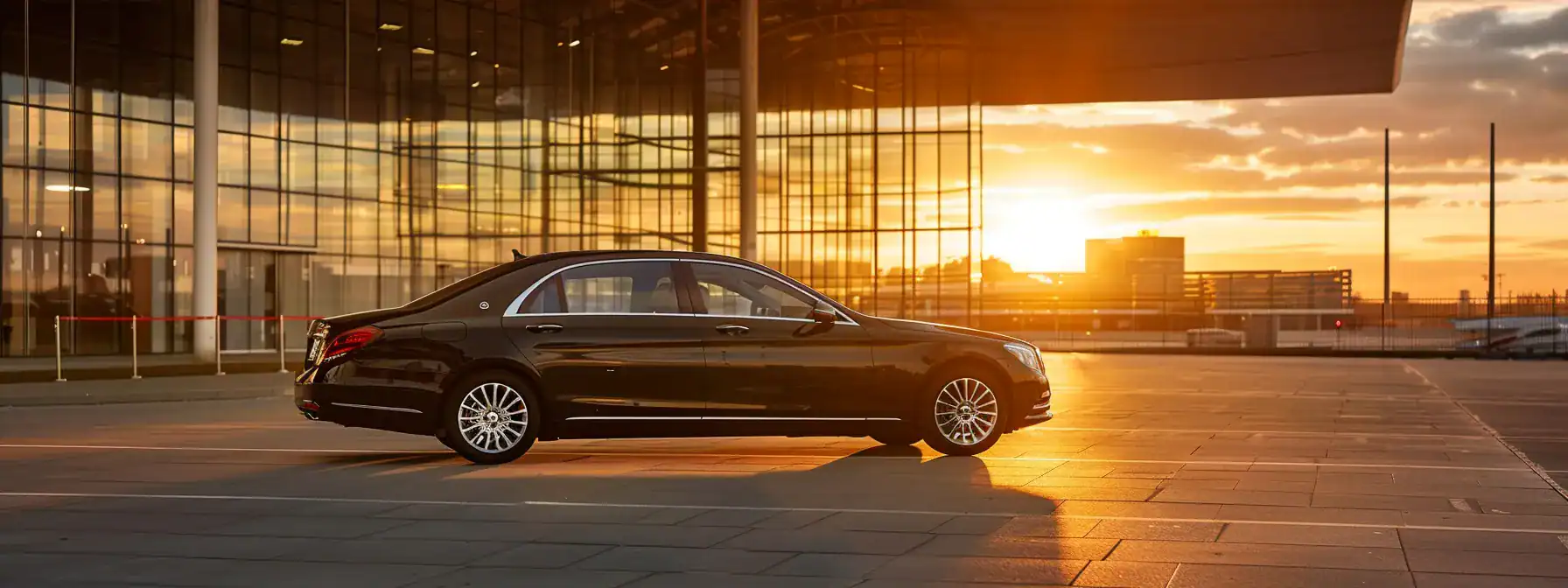 a sleek, high-end executive black sedan poised in front of a modern corporate terminal, radiating sophistication under the warm glow of sunset, symbolizing luxury airport transfers in sydney.