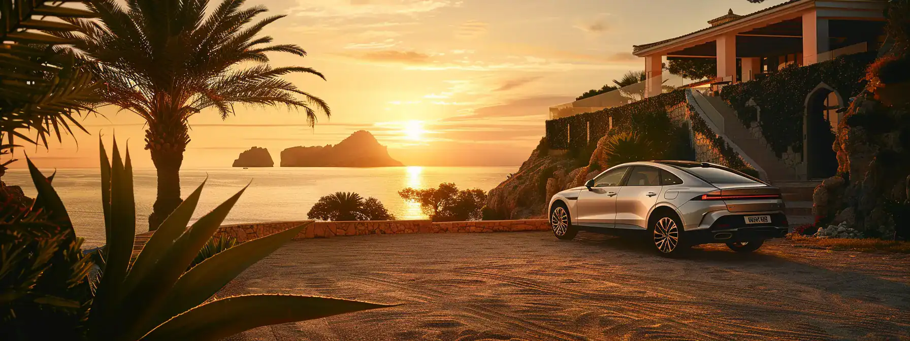 a sleek, luxurious vehicle parked by a scenic travel destination, enveloped in golden sunset light, exuding an inviting atmosphere of comfort and elegance.