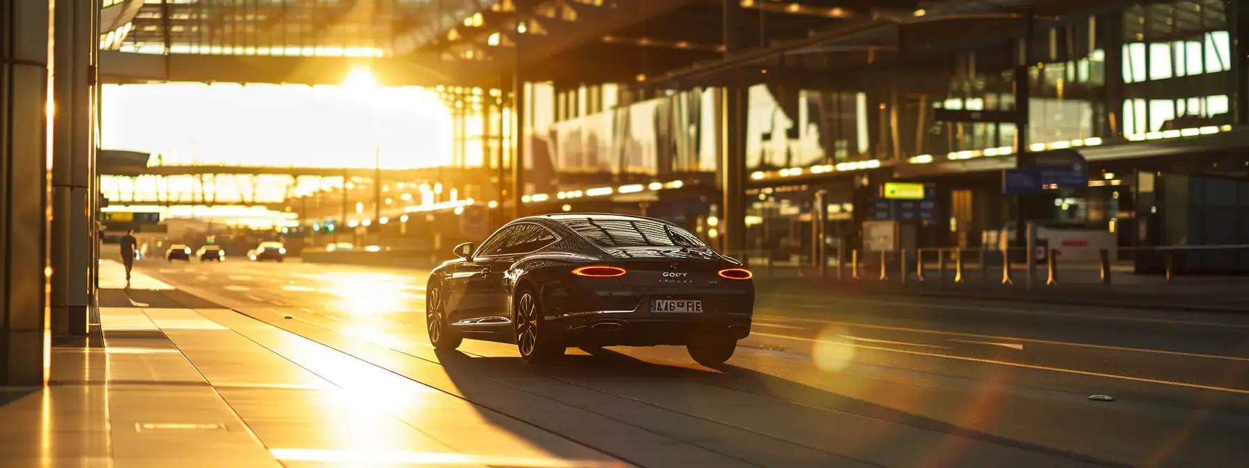 a sleek, luxury car smoothly pulls up to sydney airport's international terminal under soft, early morning light, emphasizing the seamless travel experience offered to discerning passengers.