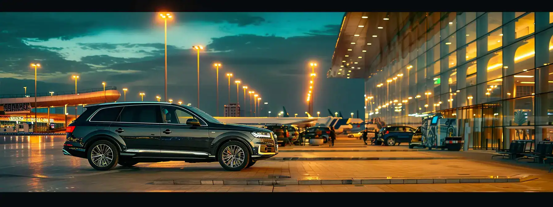 a sleek, polished audi q7 parked against a backdrop of an upscale airport terminal, illuminated by soft twilight, evoking a sense of luxury and comfort for discerning travelers.