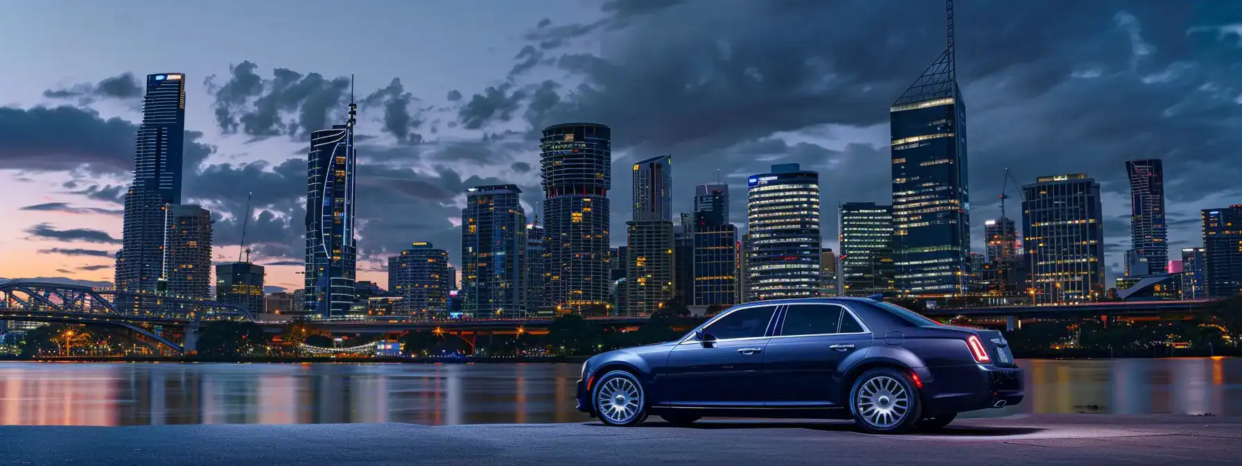 a sleek, polished chrysler 300 parked elegantly in front of a modern brisbane skyline at dusk, illuminated by soft golden lighting, embodying the luxury and sophistication of elite chauffeur services.