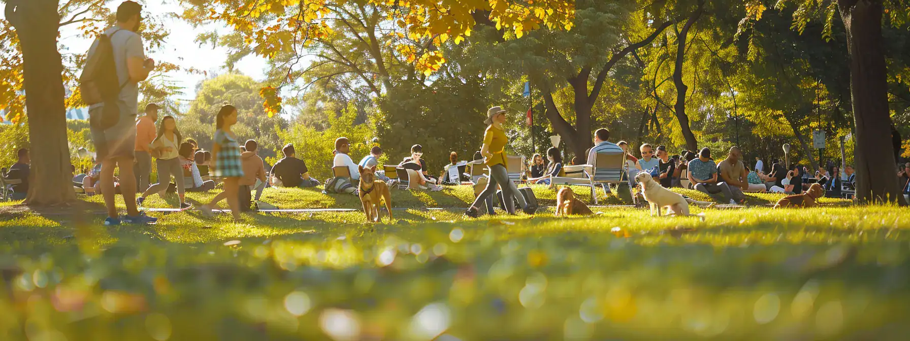 a vibrant community gathering in a sunlit park showcases guide dog handlers sharing personal experiences and resources, centering on the importance of access rights and inclusivity for individuals with disabilities.