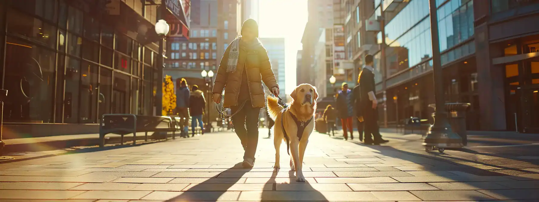 a vibrant scene showcasing a guide dog confidently guiding its handler through a bustling city street, emphasizing their inseparable bond under the bright sunlight, with urban architecture in the background.