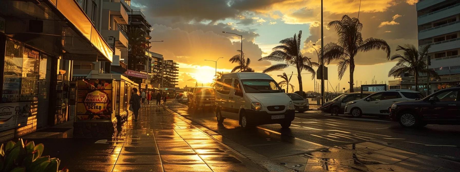 a vibrant sunset casts golden hues over the bustling streets of mooloolaba, highlighting a stylish airport transfer vehicle waiting eagerly for passengers with luggage, embodying the essence of seamless travel in south east queensland.
