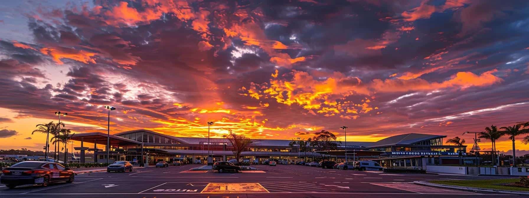 a vibrant sunset casts golden hues over sunshine coast airport, where diverse transfer options like private vehicles and shuttles await, seamlessly blending convenience with the warmth of tropical travel.