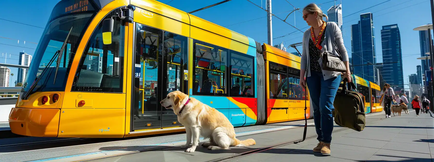 a visually impaired individual confidently boards a brightly colored tram with their guide dog, a labrador retriever, showcasing the importance of accessible public transport in australia amidst a clear blue sky and bustling city backdrop.