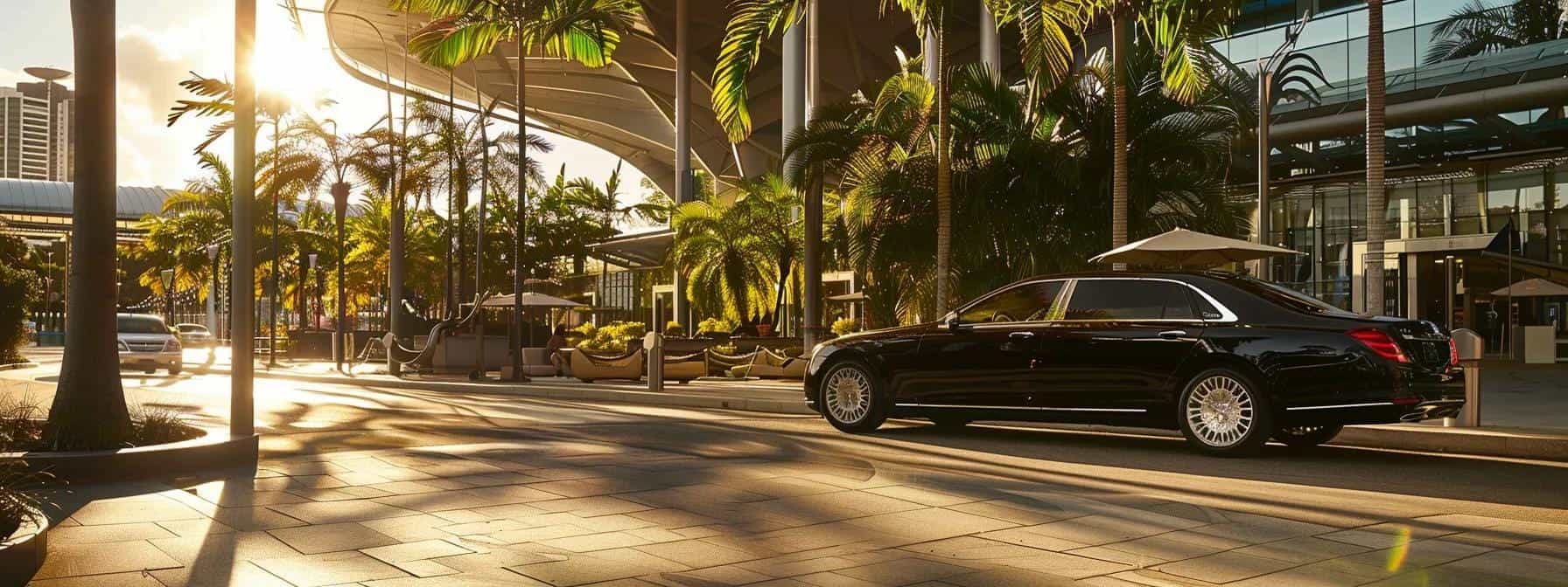 an elegant black chauffeur car awaits beside a modern, sunlit terminal, with lush palm trees framing the scene, capturing the essence of luxury and convenience at brisbane airport.
