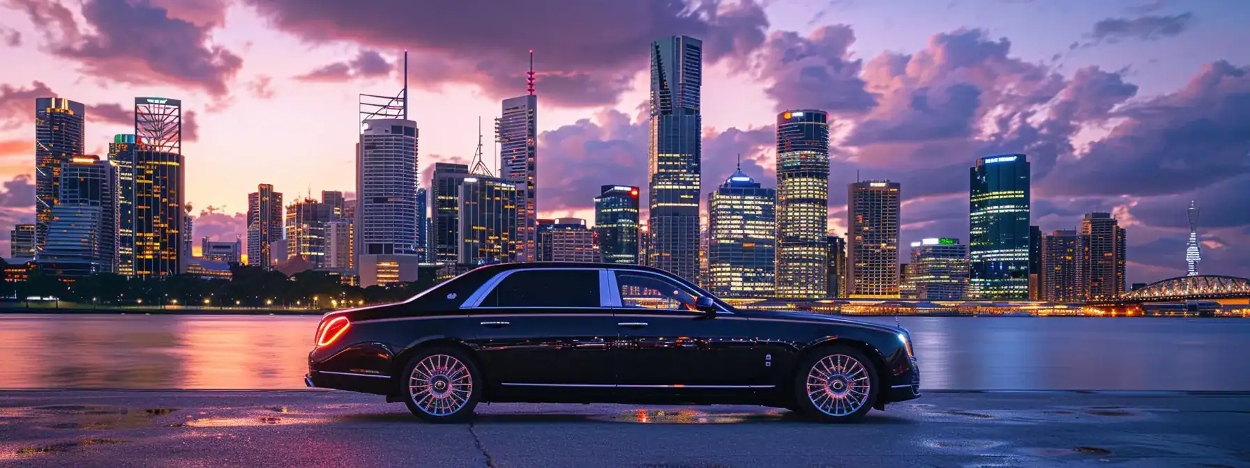an elegant black chauffeur car parked against the backdrop of brisbane's stunning skyline at dusk, showcasing its sleek design and the promise of a luxurious travel experience.
