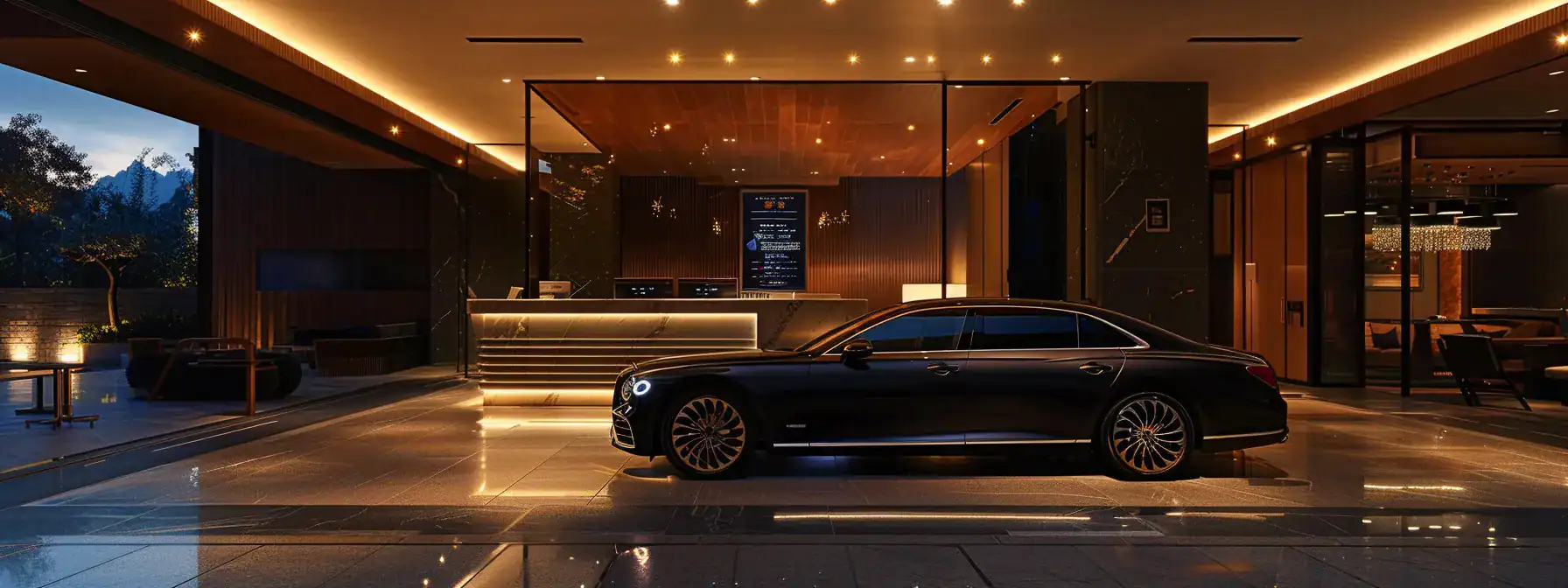 an elegant luxury vehicle parked in front of a beautifully designed travel office, illuminated by soft ambient lighting, showcasing a seamless booking experience for premium transfers.