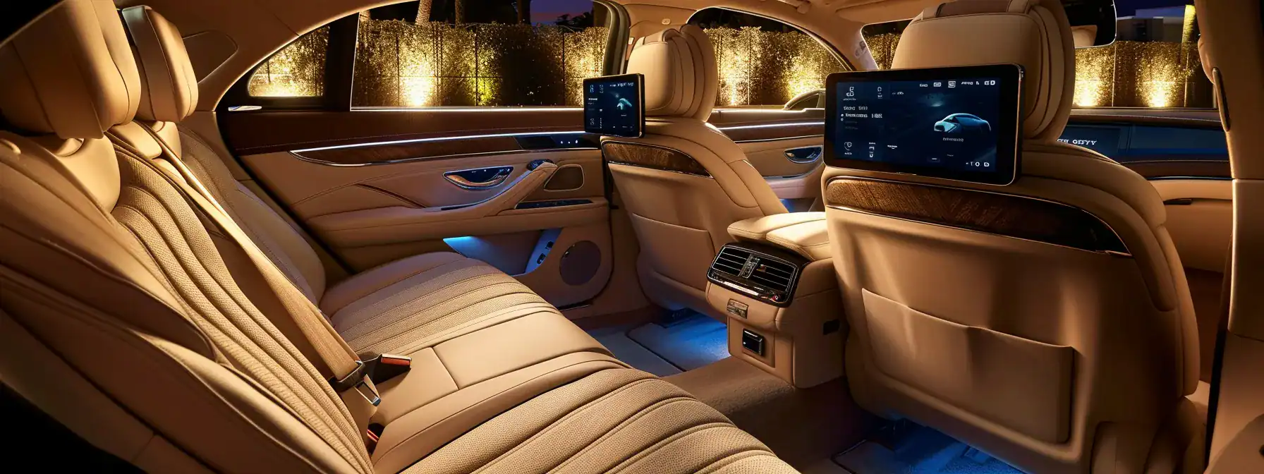 an elegantly appointed luxury vehicle interior, showcasing plush seating, ambient lighting, and personalized amenities, exuding comfort and sophistication for an upscale travel experience.