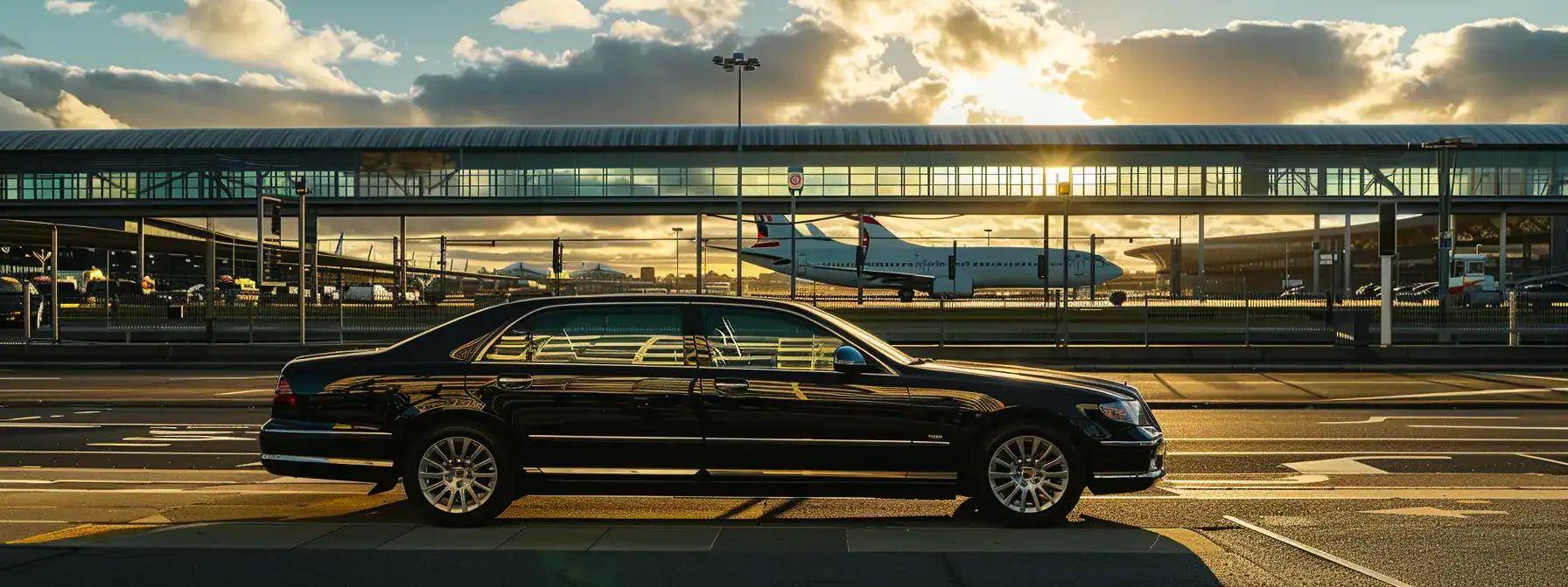 an elegantly parked holden caprice gleams under the warm sydney sun, with the iconic sydney airport terminal in the background, illustrating the seamless luxury of private car hire services for discerning travelers.