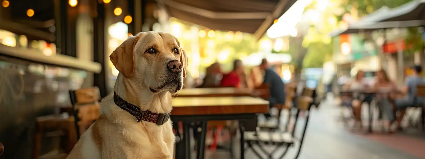 a confident guide dog stands proudly at the entrance of a bustling australian caf&eacute;, showcasing its vital role as a companion for individuals with disabilities, framed by vibrant city life in the background.