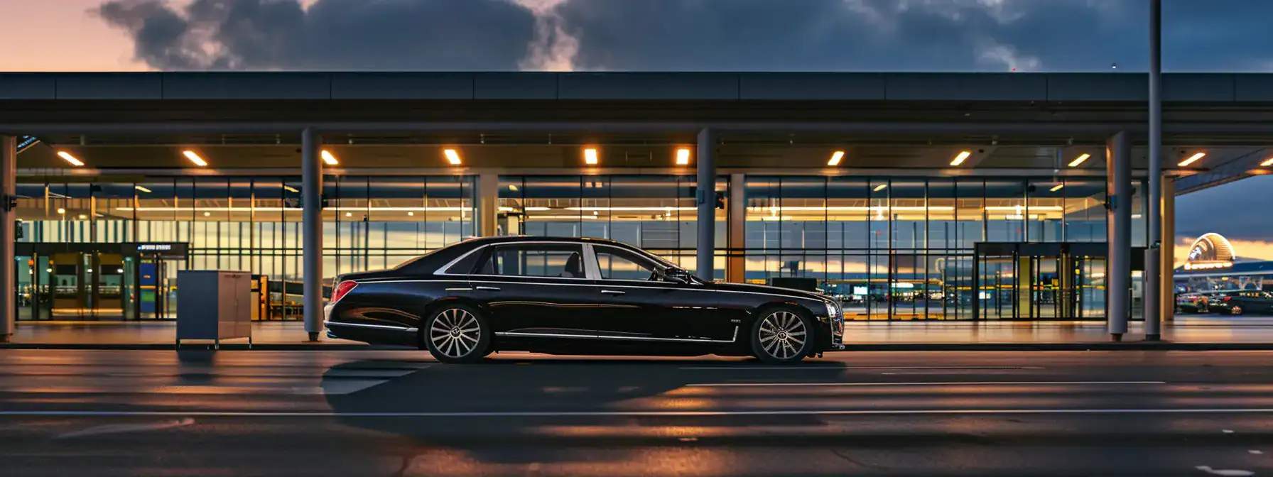 Sleek black luxury vehicle parked in front of Brisbane Airport, symbolizing Blue Diamond Transfers' premium airport transfer service.