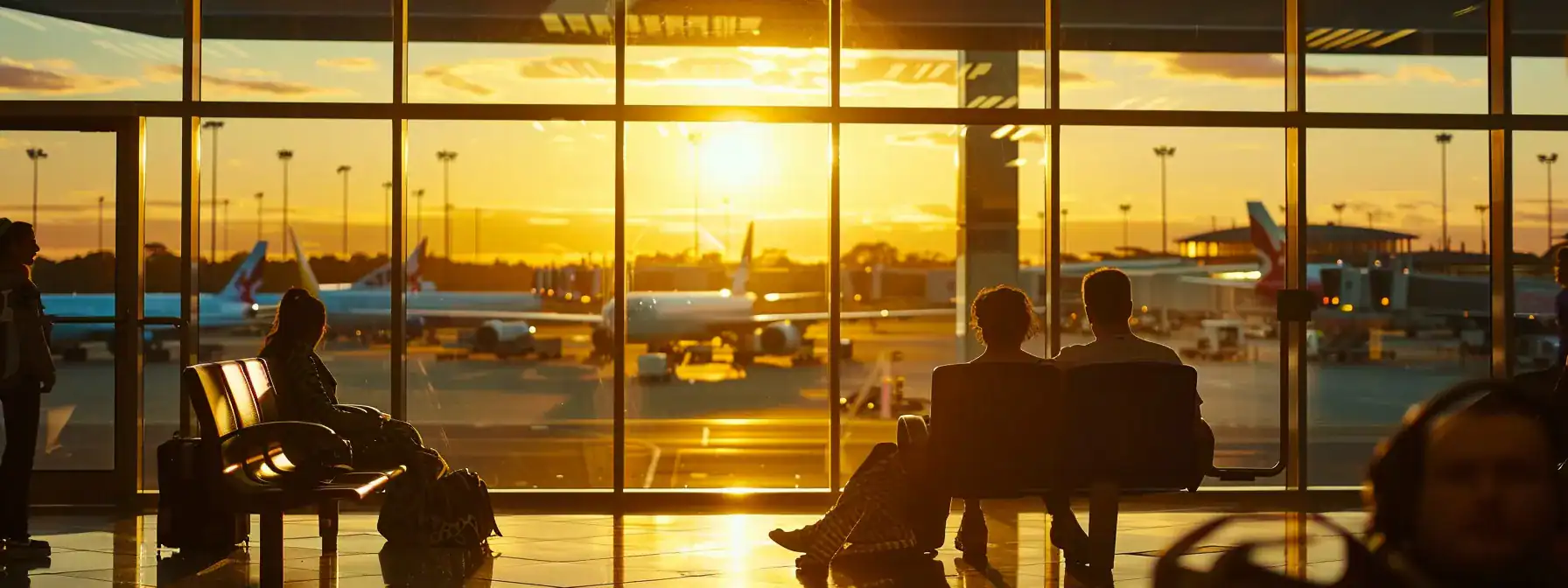 Vibrant sunset at Brisbane Airport with travelers waiting in seating area, showcasing planes and terminal background, highlighting stress-free travel options.