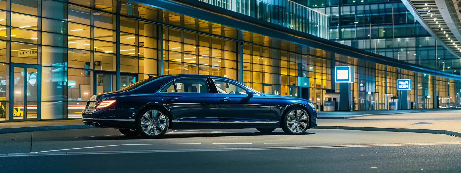Elegant blue luxury vehicle parked outside a modern airport terminal, showcasing premium transport options for airport transfers and special events.