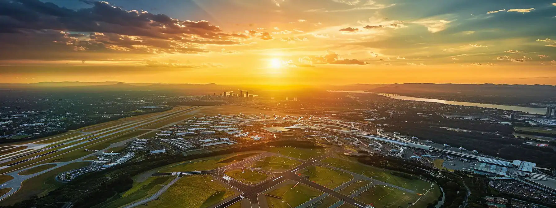 a breathtaking aerial view captures the vibrant landscape transitioning from lush gympie greenery to the bustling connectivity of brisbane airport, illuminated by the golden hues of sunset.