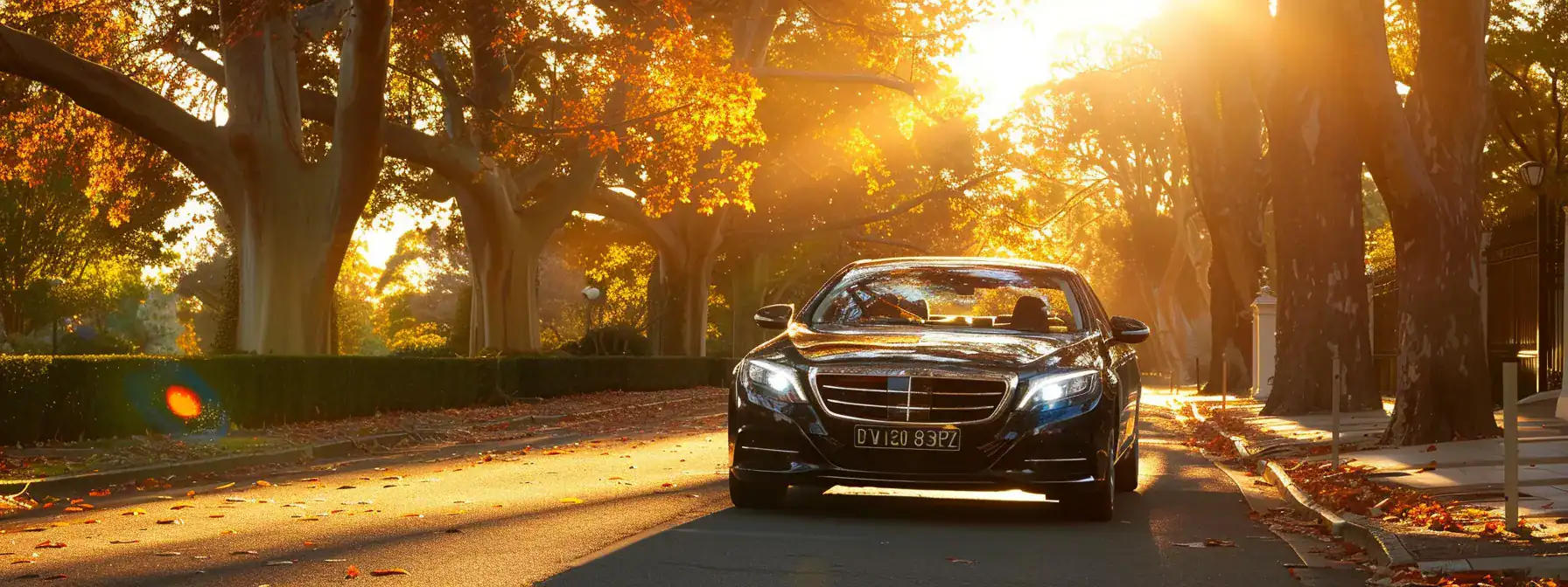 a luxurious, polished chauffeur car gleams under the warm adelaide sunset, parked elegantly on a quiet street lined with elegantly manicured trees, inviting clients to indulge in a seamless travel experience.