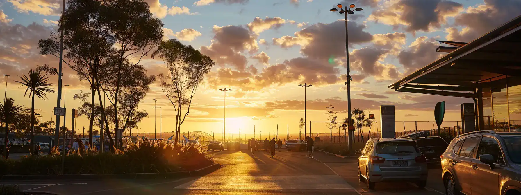 a serene sunrise over brisbane airport, with travelers leisurely arriving by car, surfboards secured on top, reflecting a calm and organized journey before their flight.
