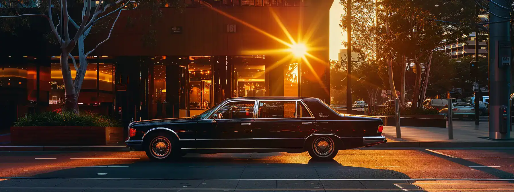 a sleek, luxurious limousine glistens under the warm adelaide sunset, parked in front of an upscale hotel, symbolizing opulence and premium travel experiences.