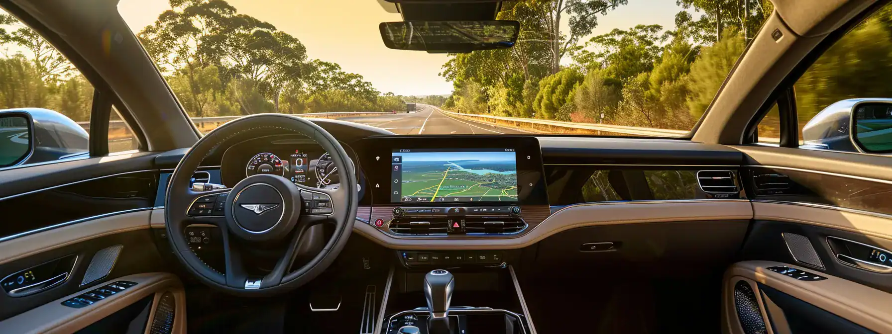 a sleek luxury vehicle glides along a sun-drenched highway, surrounded by lush australian landscapes, as a vivid gps display illuminates the dashboard, symbolizing efficient navigation and seamless travel from gympie to brisbane airport.