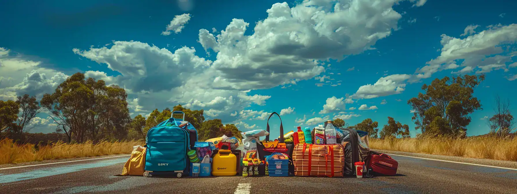a vibrant scene of a neatly organized travel bag surrounded by snacks, beverages, and entertainment items, set against the backdrop of a scenic queensland highway leading towards brisbane airport.