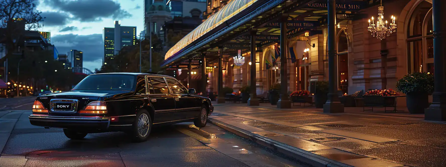 a luxurious chauffeur vehicle awaits outside a stylish adelaide hotel, exuding elegance and sophistication, with a backdrop of the vibrant city skyline at twilight.