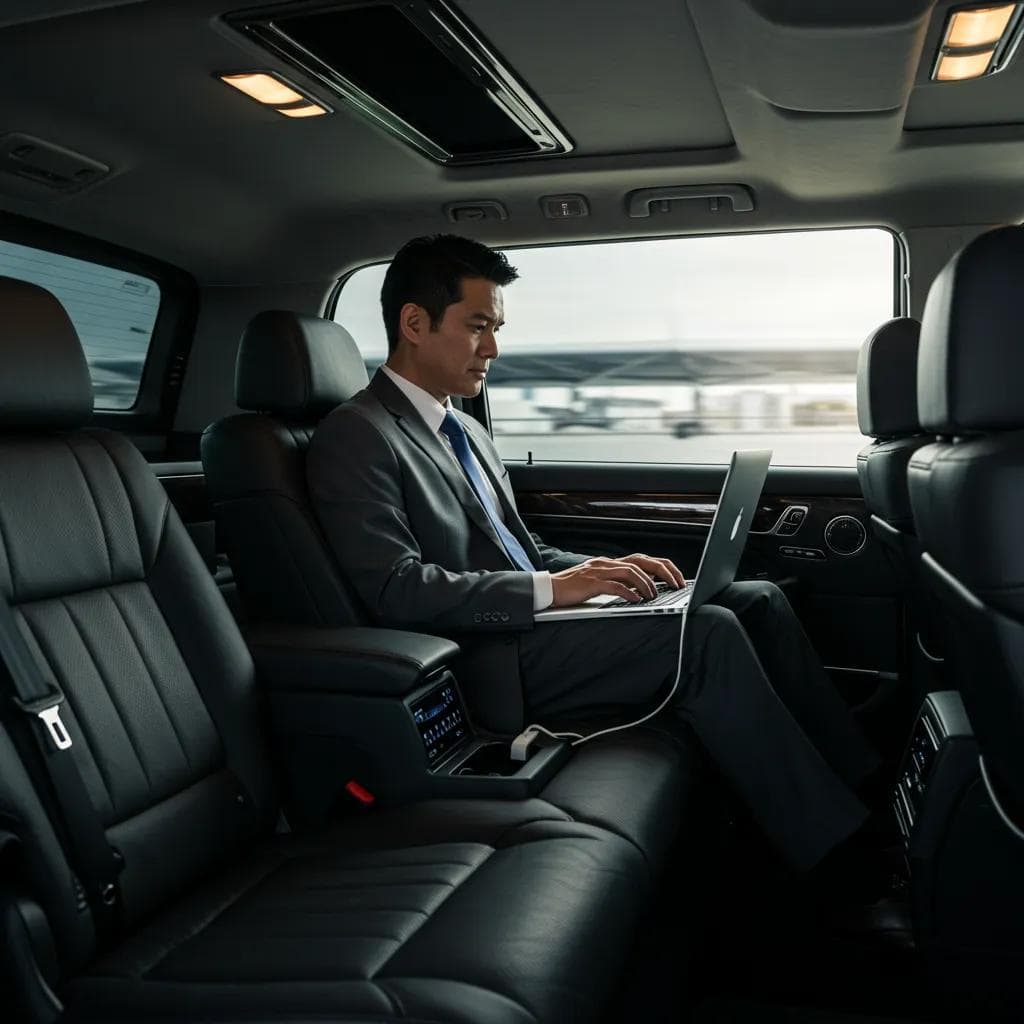 Business executive focused on a laptop in the spacious interior of a luxury SUV, illustrating enhanced productivity during transit