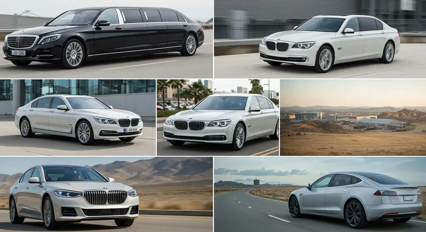 Collage of luxury vehicles for airport transfers, showcasing options for corporate travel