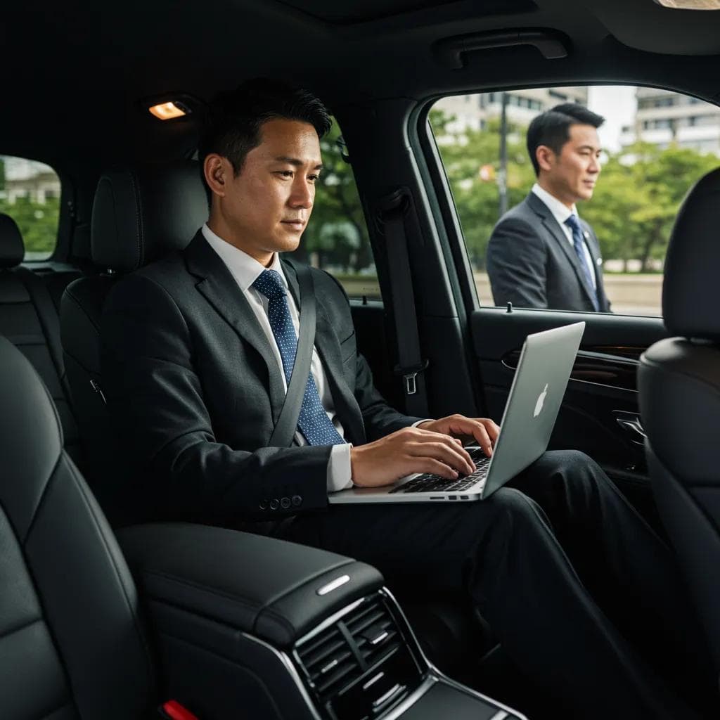 Executive working in a luxury vehicle, illustrating productivity benefits of chauffeur services