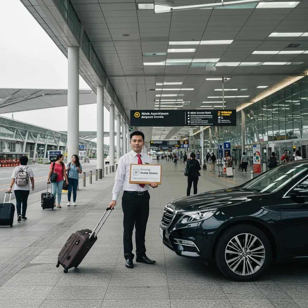 Professional chauffeur at Ninoy Aquino International Airport holding a sign for Blue Diamond Transfers, with a black premium vehicle and passengers in the background.