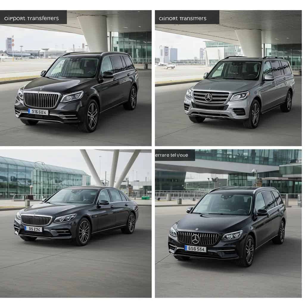 Lineup of luxury vehicles for airport transfers including a sedan, SUV, and people-mover