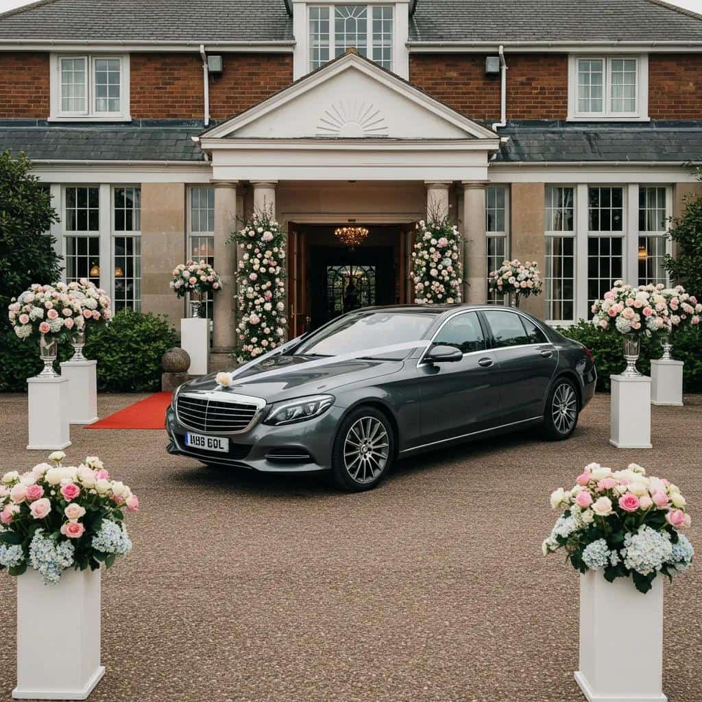 Luxury wedding car parked outside a wedding venue, symbolizing elegant wedding transfers