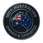 100% Australian owned and operated logo featuring the Australian flag and map, emphasizing local business commitment in transportation services.