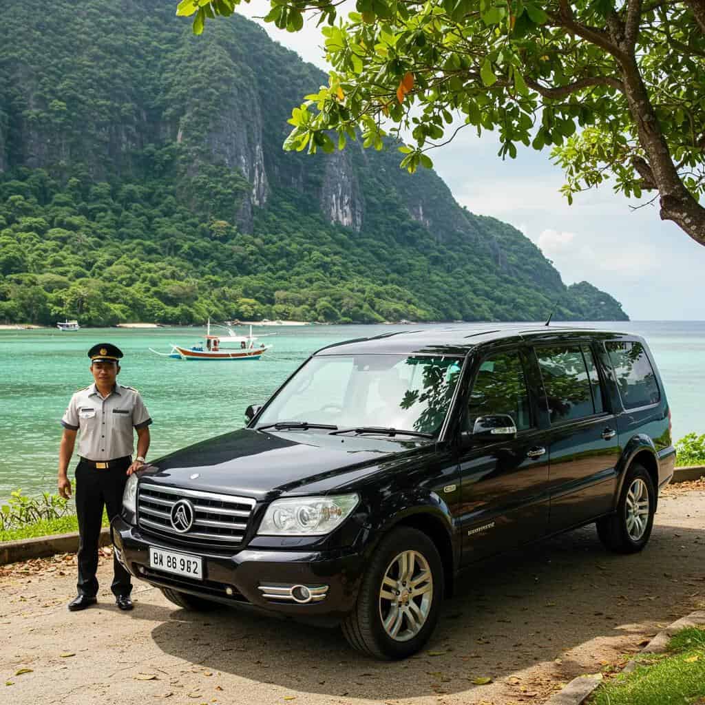 Luxury chauffeur service for Philippine island tours with a scenic backdrop