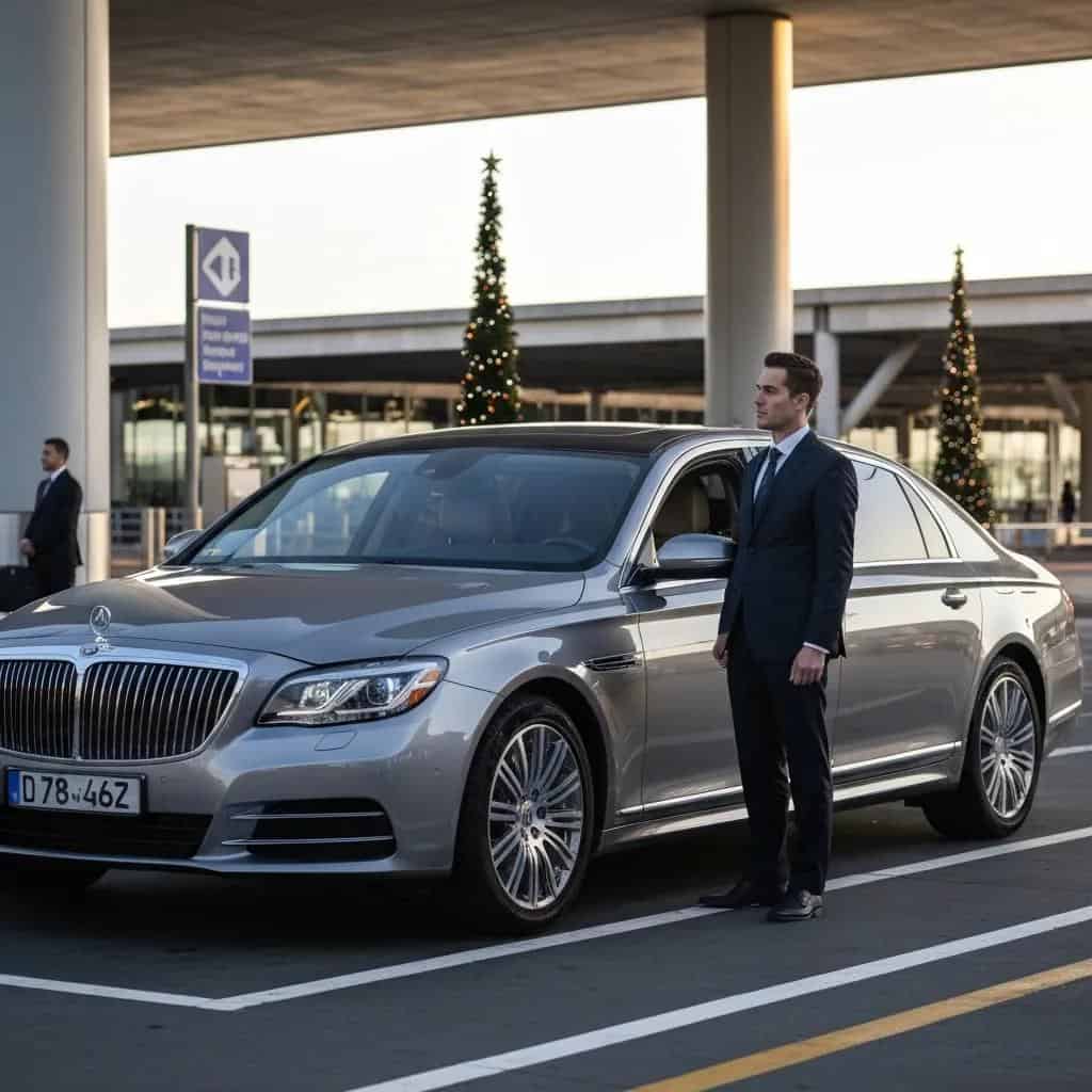 Luxury vehicle and professional chauffeur at an airport for Christmas travel