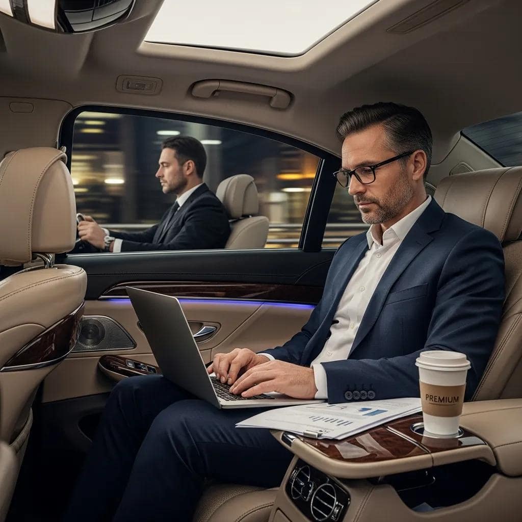 Business executive working on a laptop in a luxury vehicle, showcasing productivity during travel