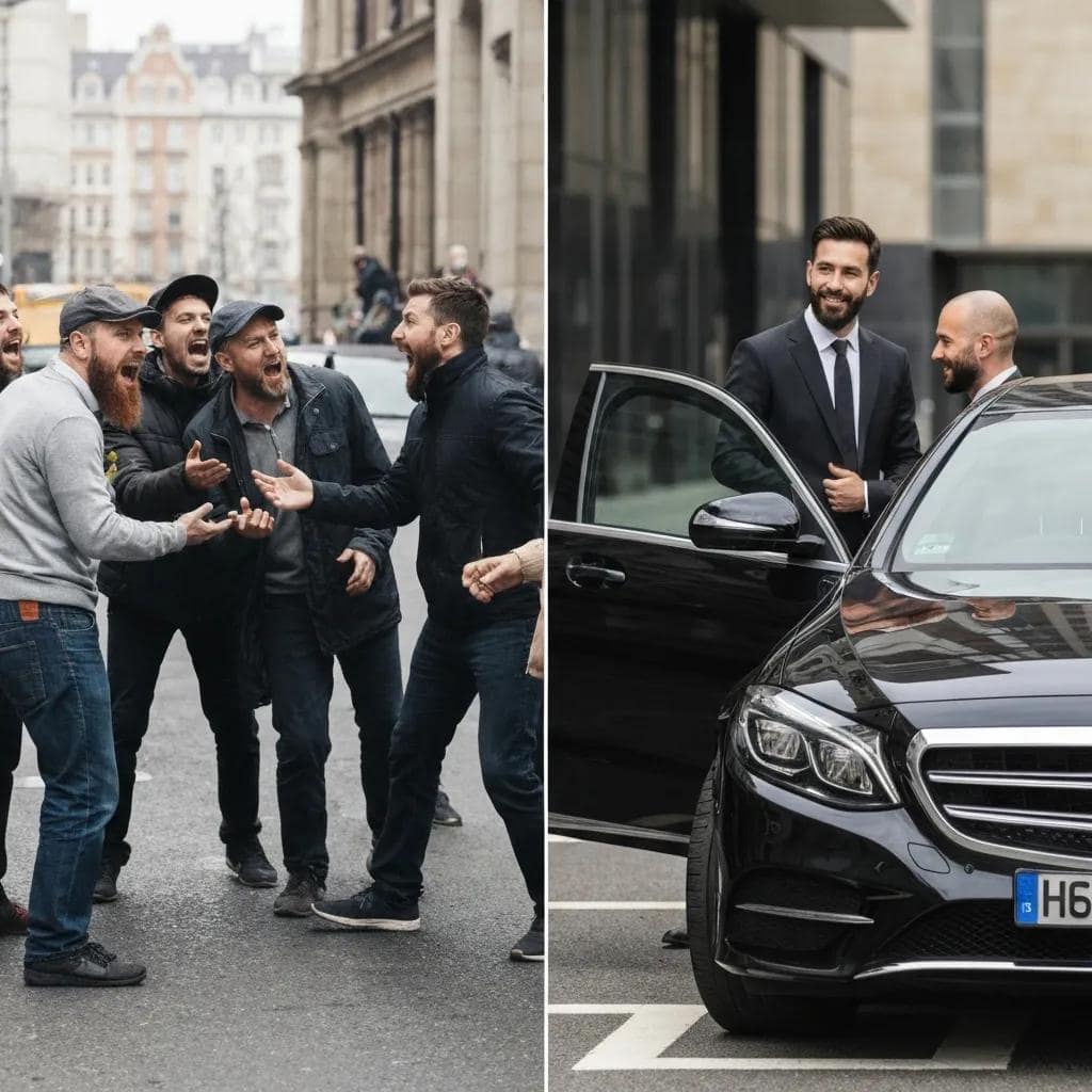 A busy, chaotic taxi scene contrasted with an organised chauffeur pick-up, showing the difference between price-focused and reliability-focused services