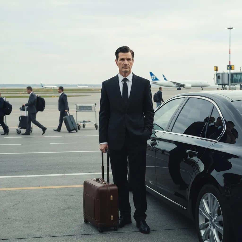 Corporate chauffeur waiting at airport terminal, emphasizing reliability and professionalism in transport services