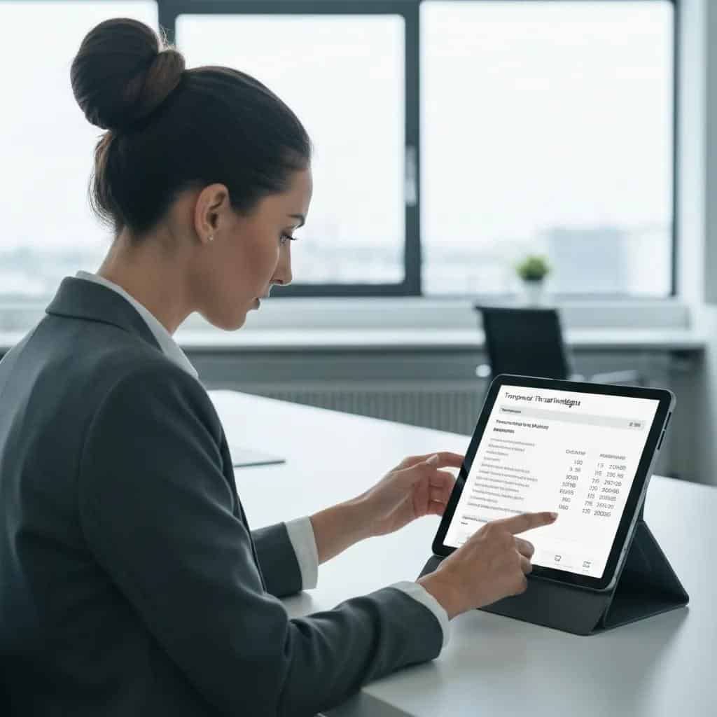 Corporate travel manager checking an itemised transfer invoice on a tablet, demonstrating clear pricing and ease of reconciliation