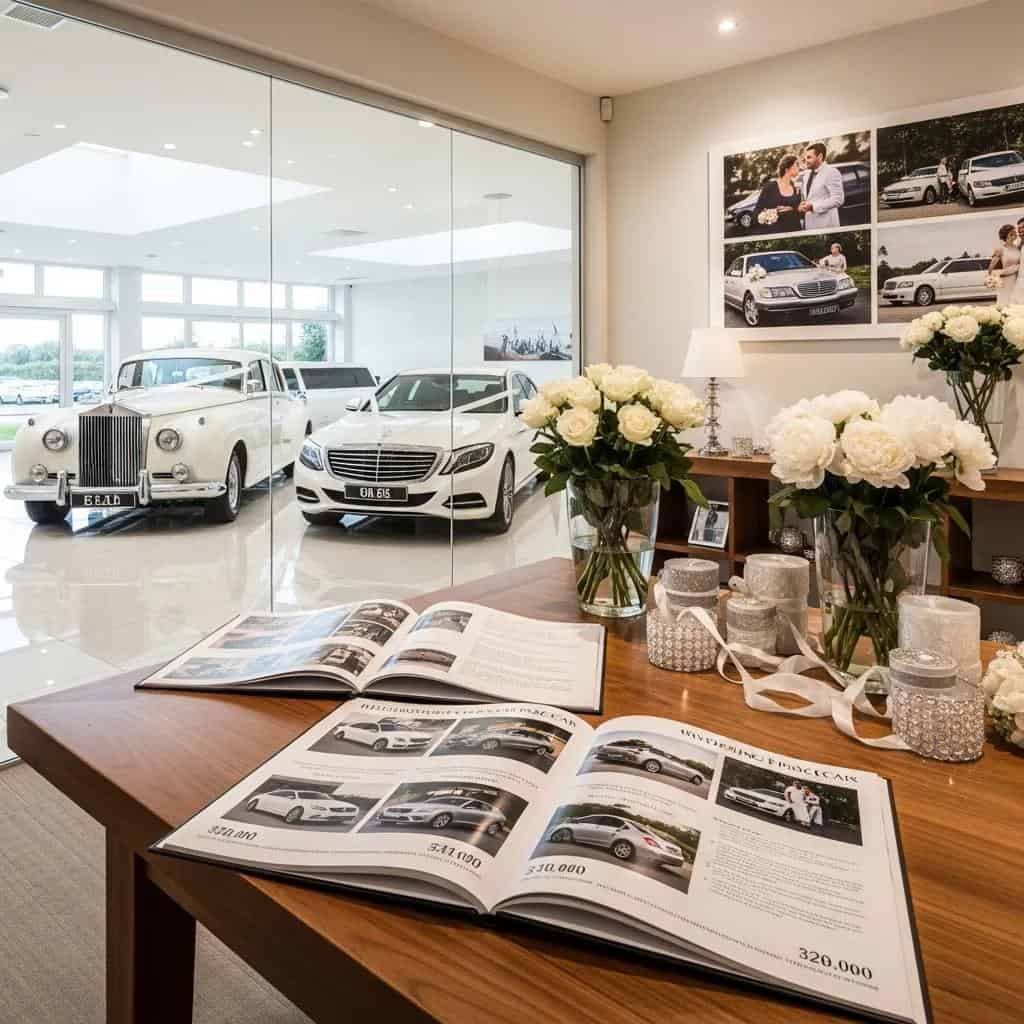 Selection of wedding car hire packages with luxury vehicles and brochures