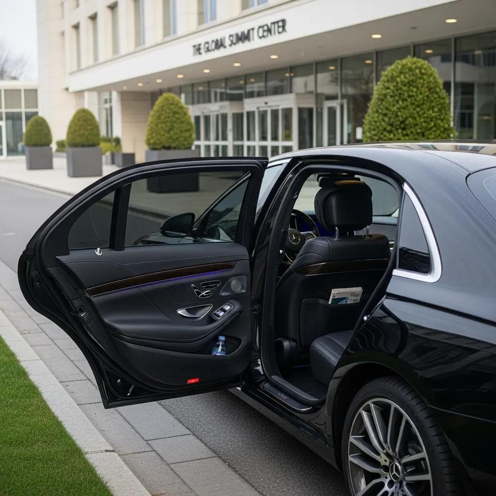 Executive vehicle ready for corporate clients outside a conference center