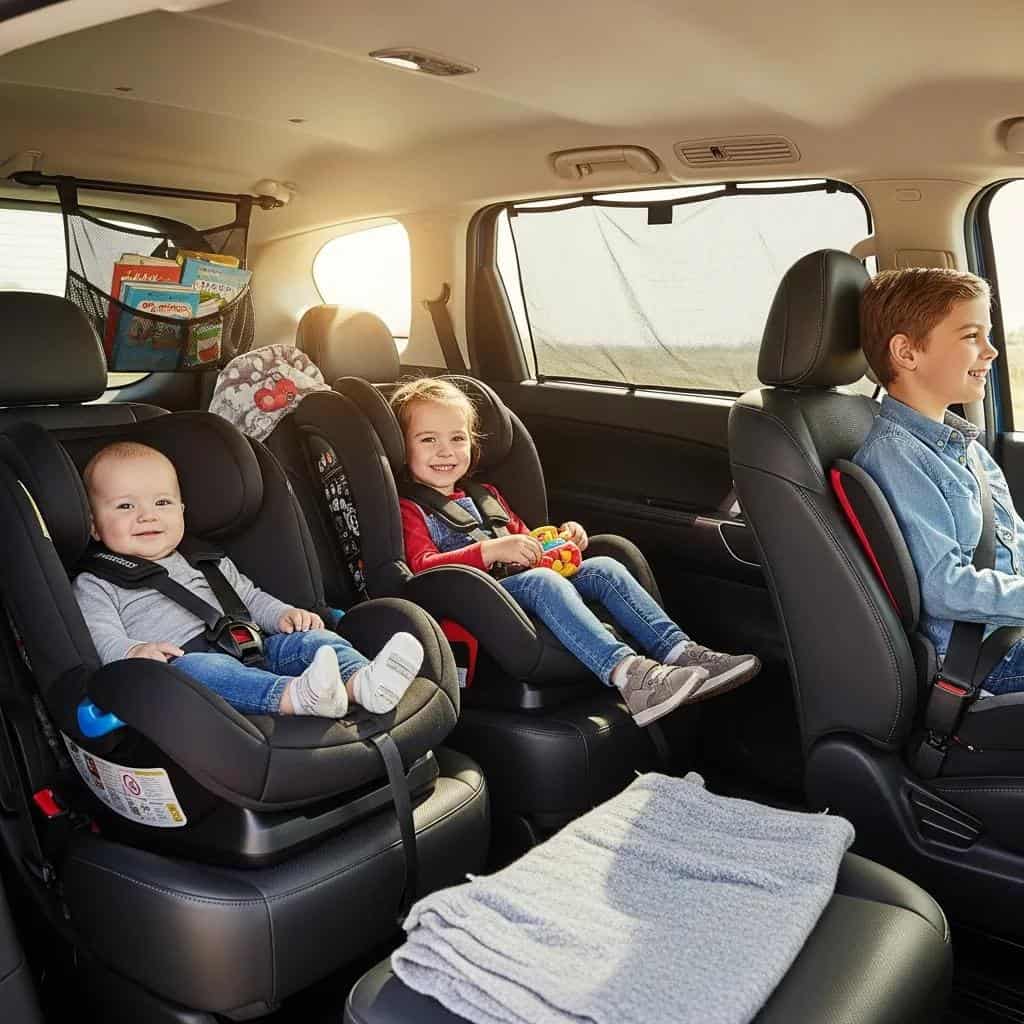 Family car interior with child seats and boosters, emphasizing safety and comfort for children during travel