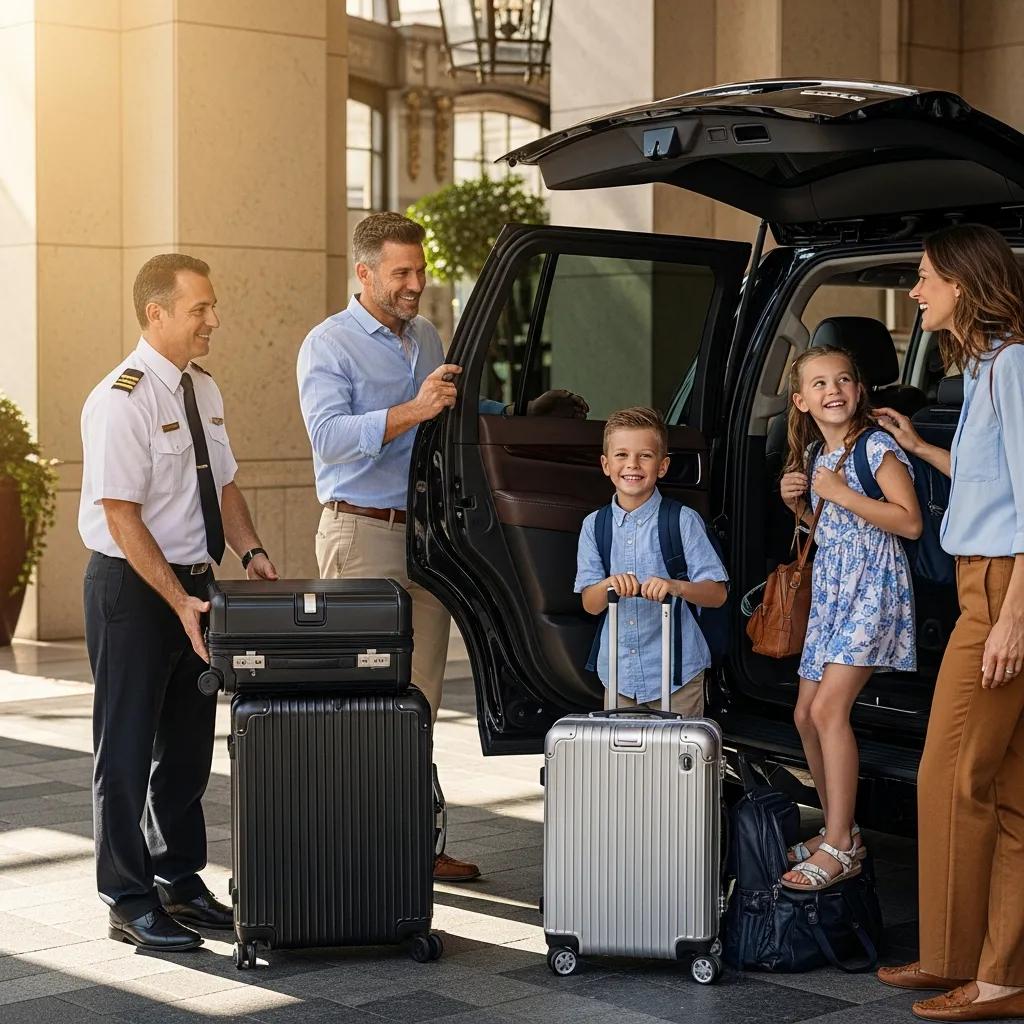 Family-friendly chauffeur service with a family boarding a luxury SUV at the airport