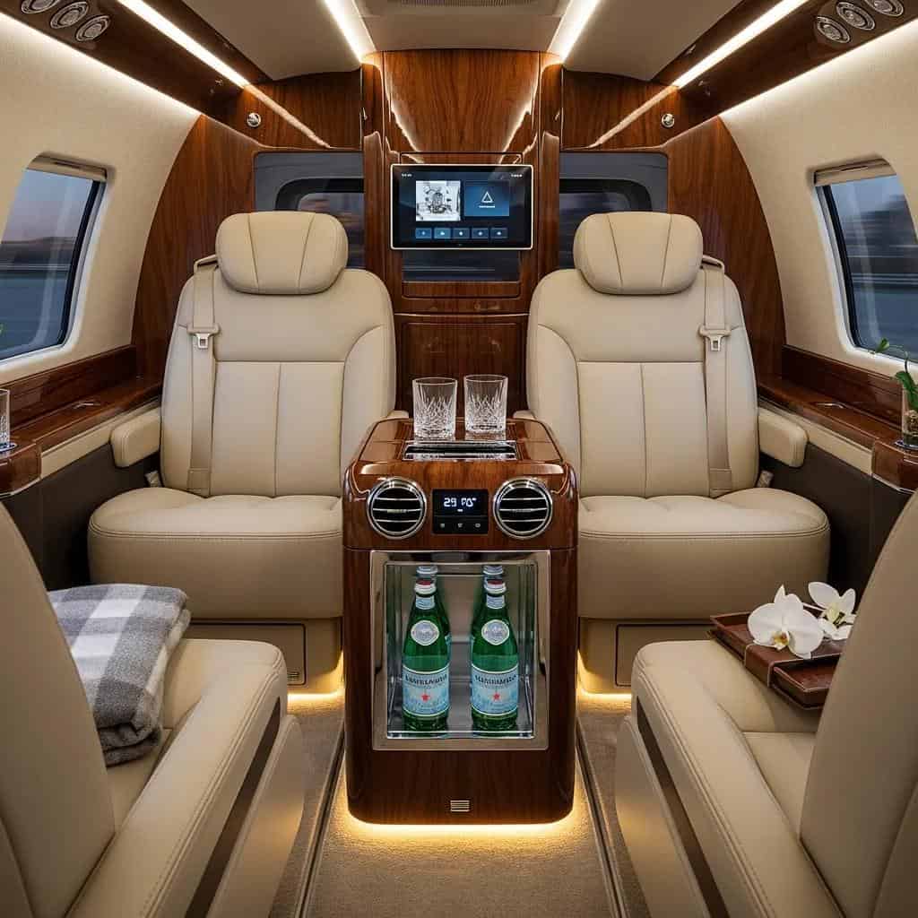 Interior of a luxury transfer vehicle, emphasizing comfort and premium amenities