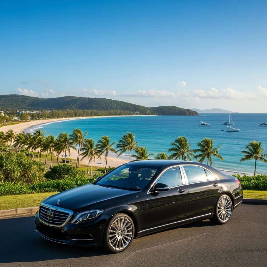 Luxury airport transfer vehicle at Airlie Beach with scenic coastal backdrop