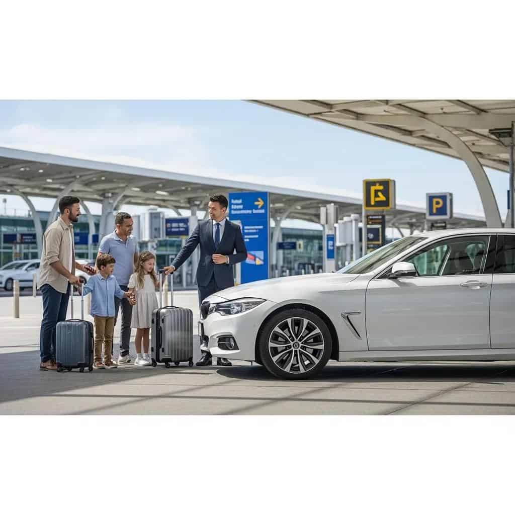 Luxury airport transfer vehicle with a professional driver assisting passengers at an airport terminal