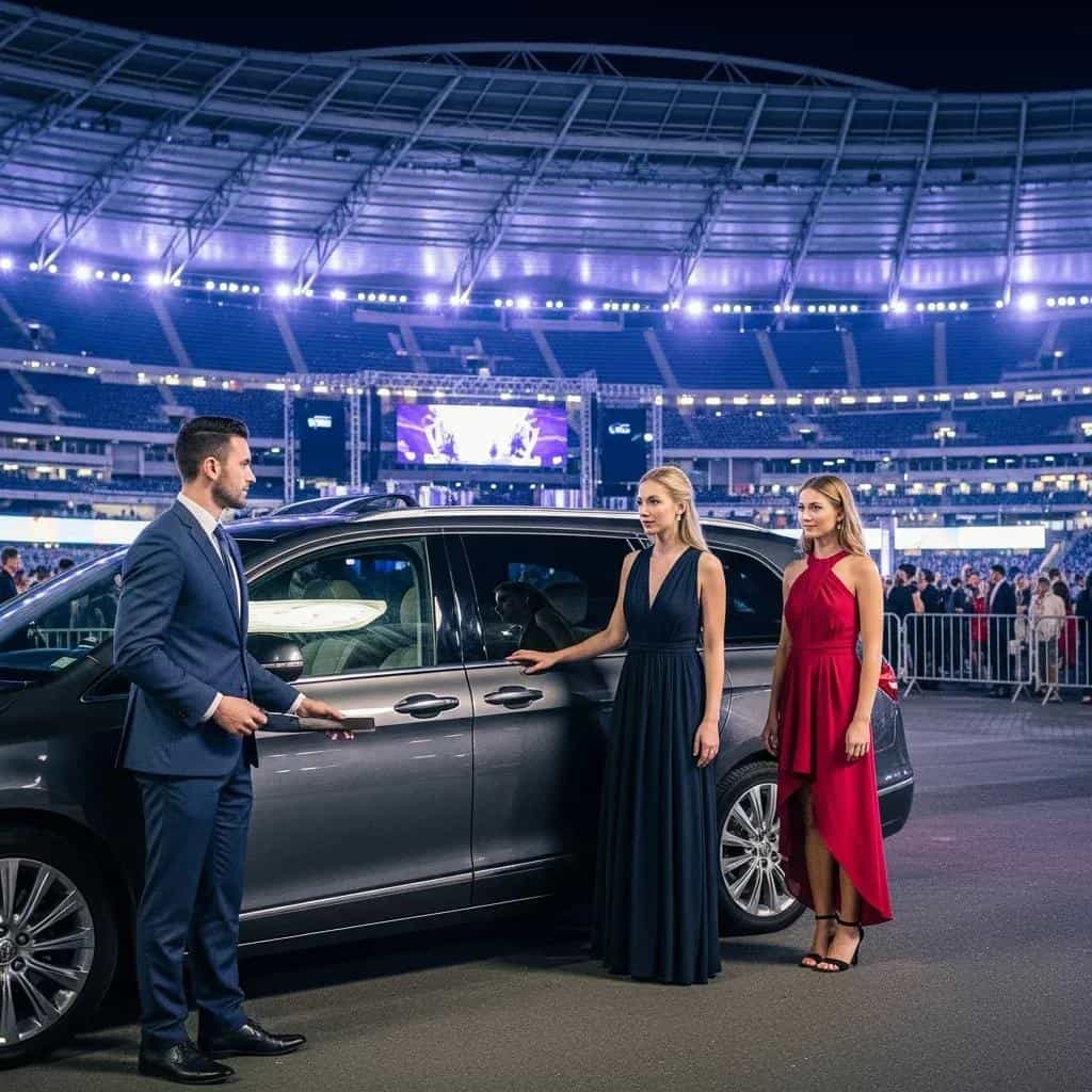 Luxury chauffeur service at a stadium event, highlighting professional transport for concerts and corporate gatherings